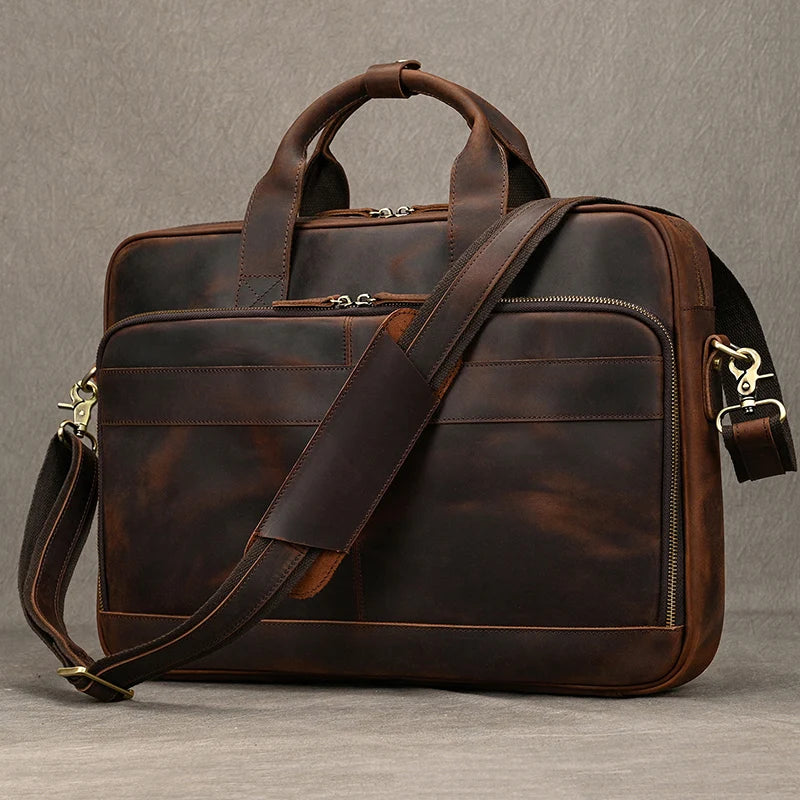 Gustav-Läderportfölj Crazy Horse 40 cm - Vintage Affärsväska i Äkta Läder