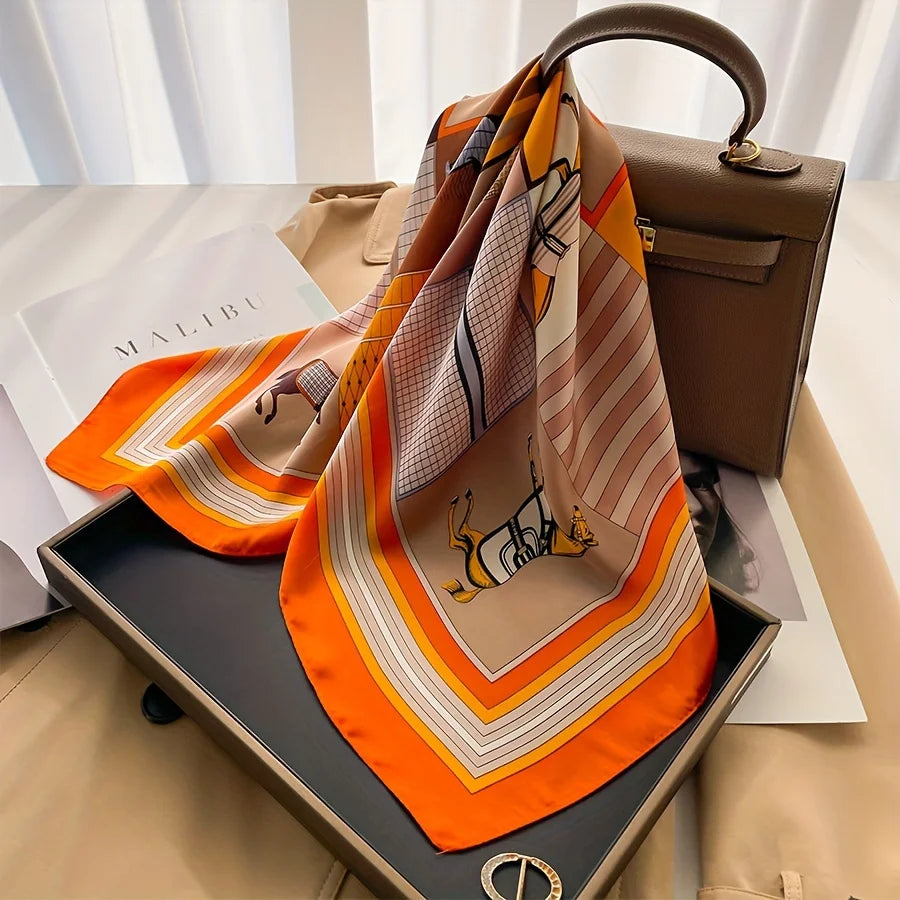 Alexandra-Lyxig Sidenscarf med Hästmönster - Mjuk Satinhalsduk 70x70cm