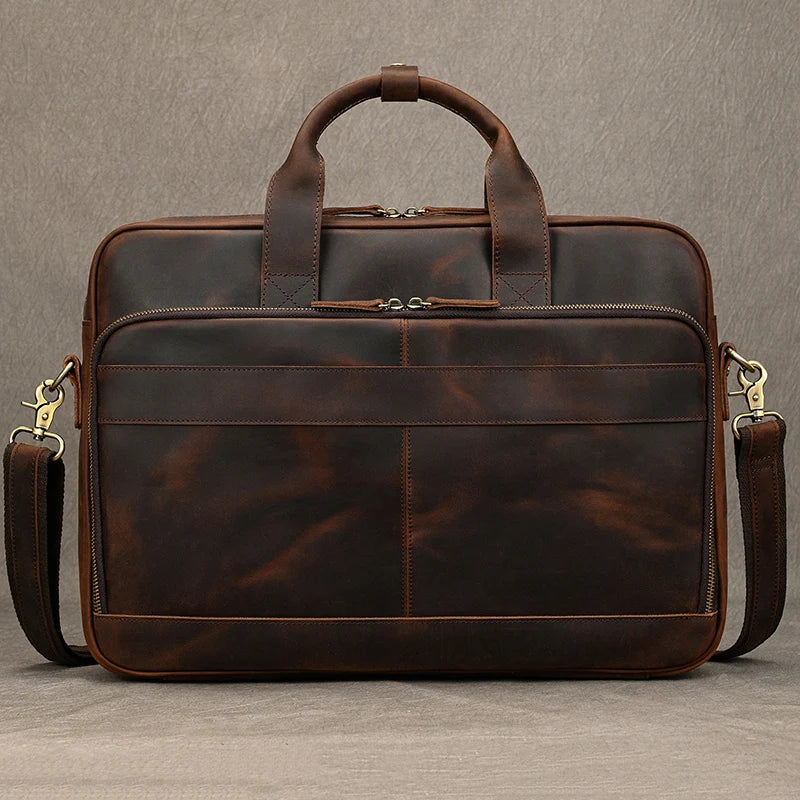 Gustav-Läderportfölj Crazy Horse 40 cm - Vintage Affärsväska i Äkta Läder