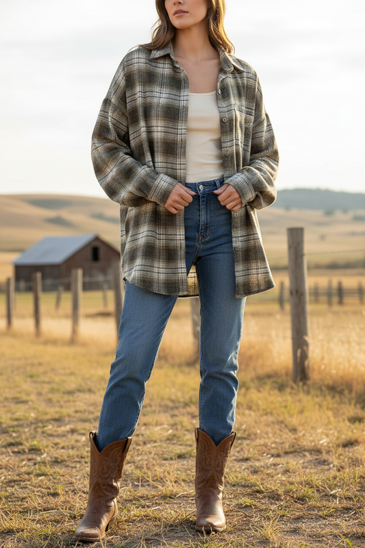 Helbild på kvinna i khaki flanellskjorta, jeans och cowboyboots