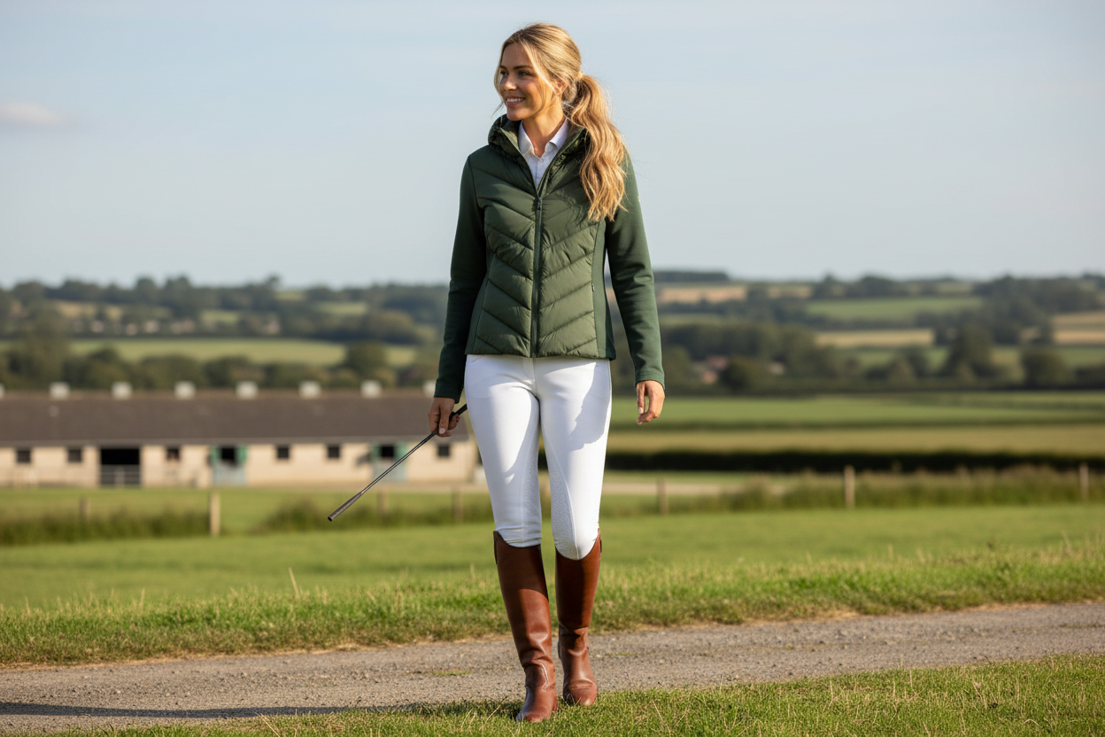 Kvinna i grön jacka i lantlig miljö