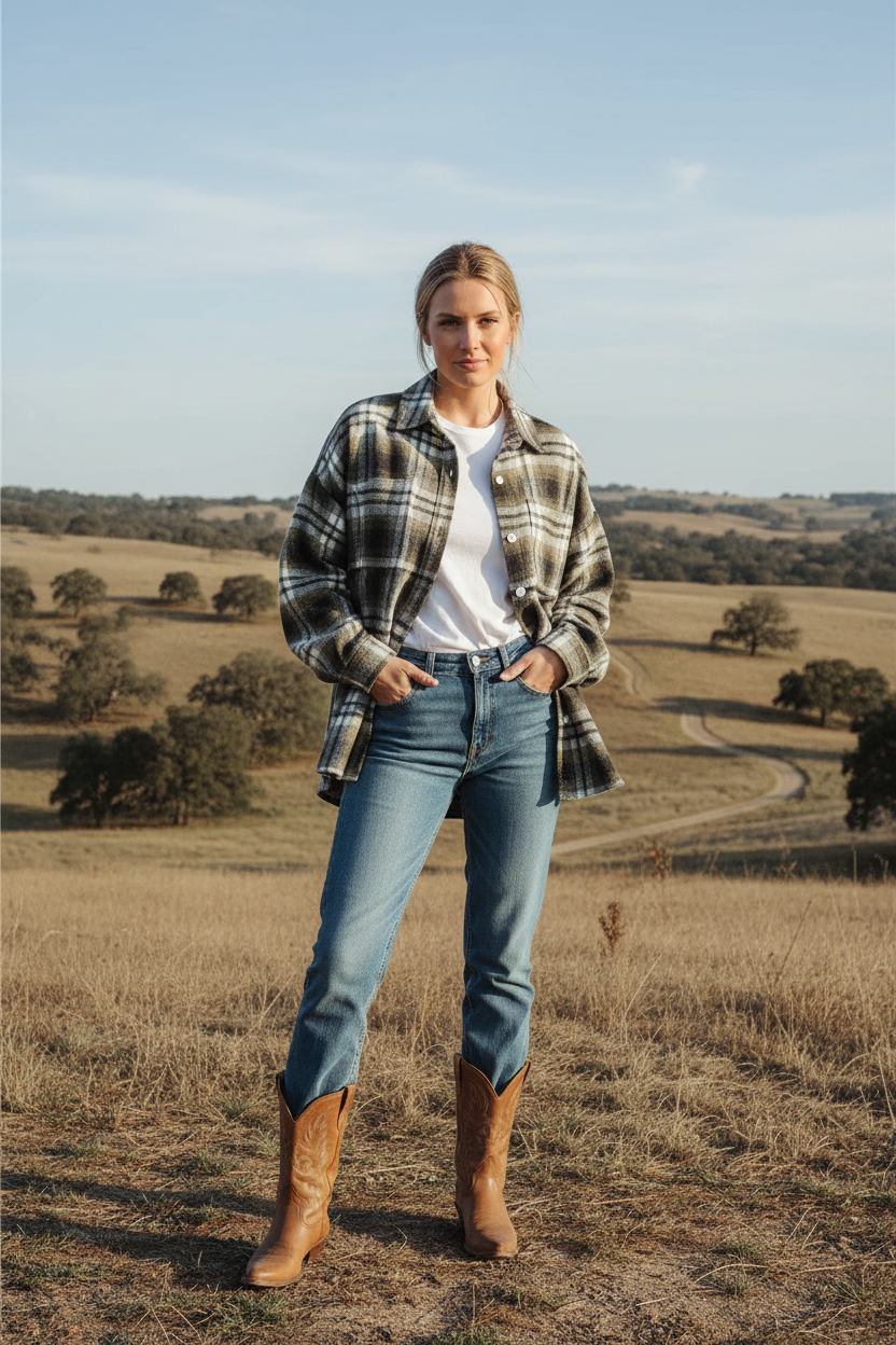 Kvinna i khaki flanellskjorta, jeans och cowboyboots