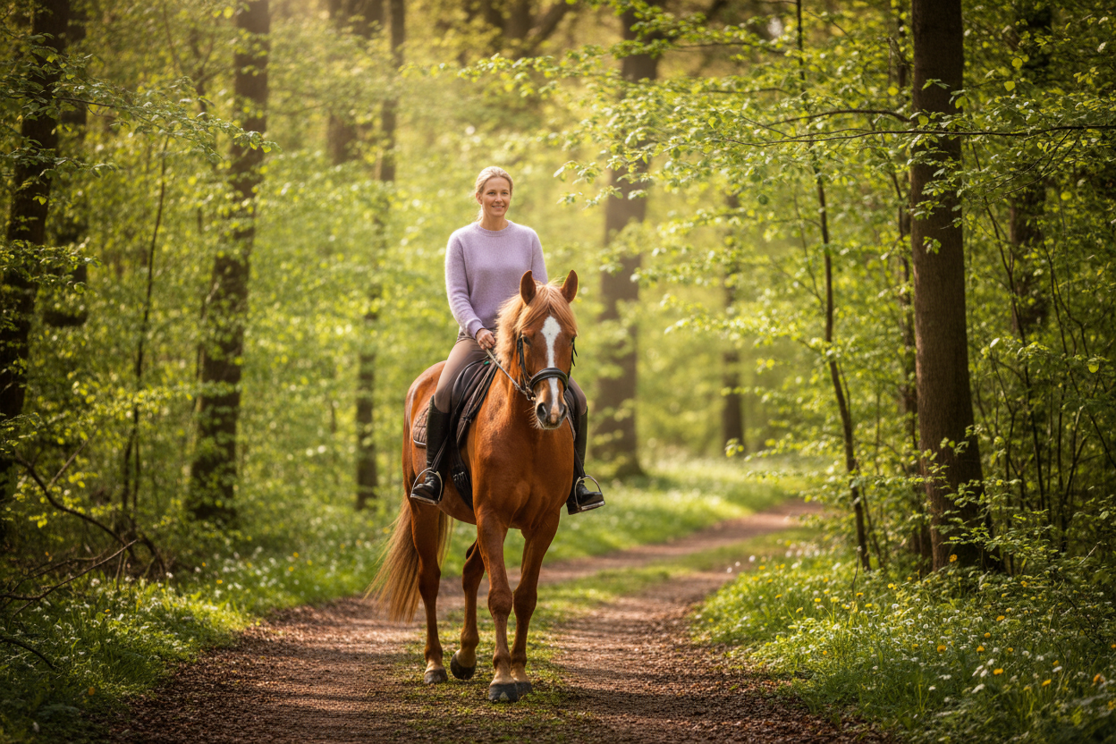 Kvinna rider i vårskog med bruna ridbyxor och ljuslila tröja