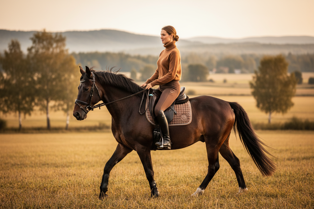 Kvinna rider med brun polokragetröja