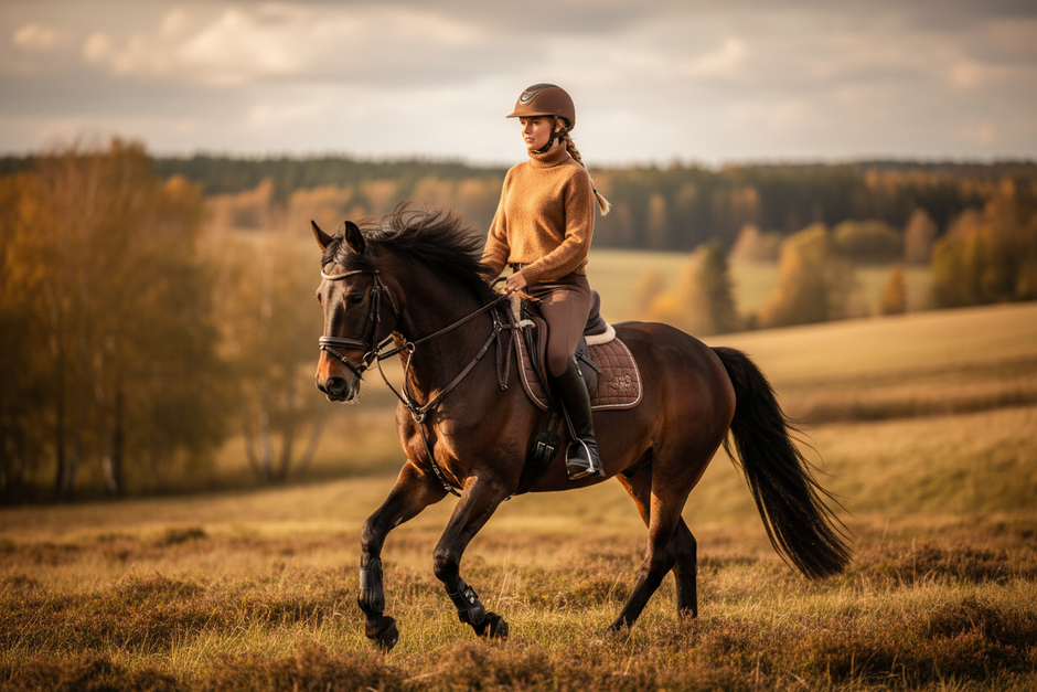Kvinna rider med brun tröja