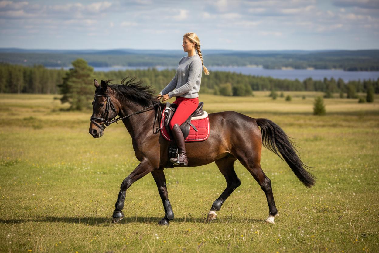 Kvinna rider med grå tröja